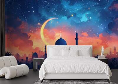 Ramadan Kareem background with mosque, moon and stars Wall mural