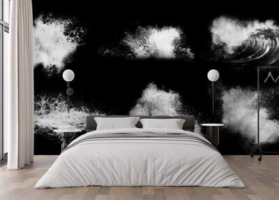 Big breaking ocean waves isolated on black background. Water splashes. Black and white illustration Wall mural