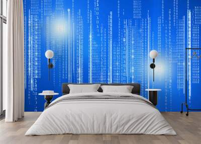 Binary code drawing on glowing blue surface. Cyber technology background. Wall mural