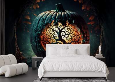 Magic pumpkin..Spooky forest, dead trees. Halloween party. Gothic design illustration. Generative AI	
 Wall mural