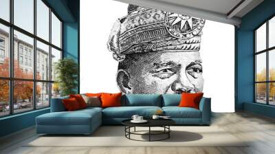 Portrait of the first Supreme ruler of Malaysia Tuanku Abdul Rahman on white background. Black and white image Wall mural