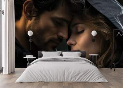 Couple sharing intimate moment in rain, close-up, tender emotion, romantic mood, cinematic love scene Wall mural