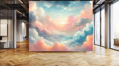 A background featuring abstract clouds in the sky with either a sun or sunset landscape, created using a watercolor technique to achieve a soft, light background. Wall mural