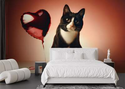 happy cute cat and a heart shaped balloon for valentine day, birthday or anniversary, on a pink background	
 Wall mural