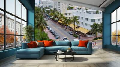 Ocean drive with park, resturants and hotels, Miami Beach, Miami, Florida, United States. Wall mural