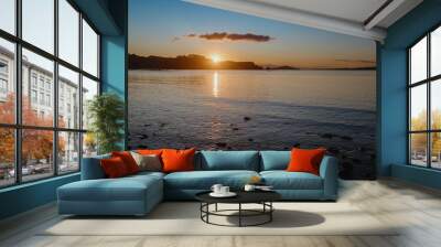 Shoreline of the Firth of Thames at sunset at Orere Point, Auckland, New Zealand. Wall mural