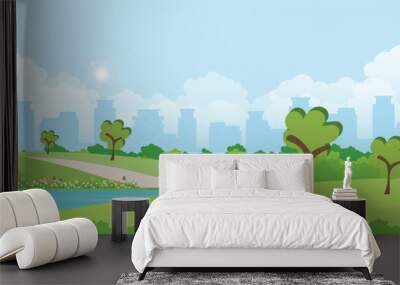 Landscape or green garden on city view background. Wall mural