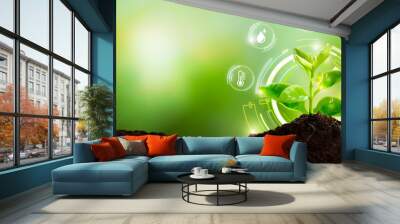 Young plant with cyber display of technological smart farming 4.0-Smart Farming and Agriculture Innovation Concept. Wall mural