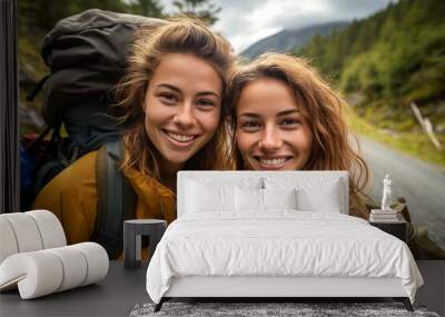 female friends hiking in mountains Wall mural