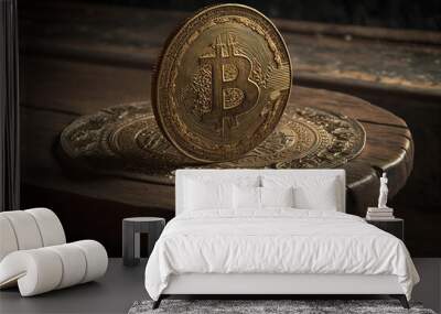 Golden bitcoin coin on a small big wooden base on a dark wooden table. Financial Wallpaper for articles or Backgrounds created with Generative Ai Wall mural