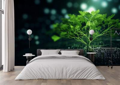 plant growing out of a computer. biotechnology and artificial intelligence grow together. information technology growth and strength. Wall mural