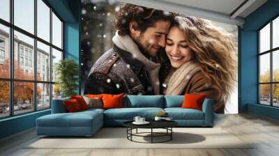 portrait of a couple in winter park during snow. perfect cover for romance books or love stories. Wall mural