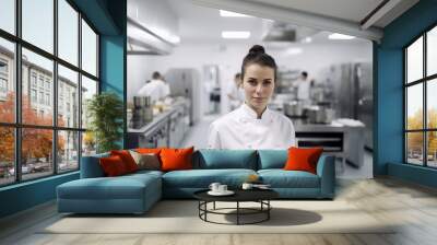 portrait of a female chef working at a professional kitchen in hotel or restaurant. Wall mural