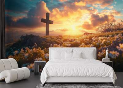 Religious background for Easter and holy mess. cross standing in mountains, surrounded by flowers and bright sunlight Wall mural