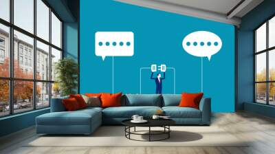 Communicate to solve problem concept. Connect idea for solution. Discussion or meeting to get new idea, collaboration or cooperate to success, businessman connect plug between conversation dialog. Wall mural