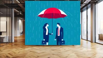 Leader cover from rain with partner show help. Business assistance vector illustration Wall mural