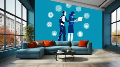 Robot and human working at office. Concept business artificial intelligence technology vector illustration, Human interactive tech interaction Wall mural