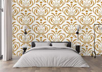 Luxury folklre geometric seamless pattern. Hand drawn graphic design, nature flourish leaves elements, gold 3 D line texture on whit background. Vector Wall mural