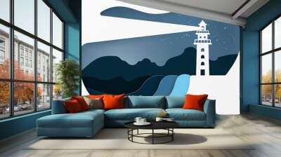 Modern building lighthouse. night seascape concept. Paper art style. Wall mural