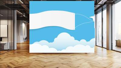 Plane paper and cloud speech bubble on blue sky. Copy space with white blank hanging. paper art vector illustration Wall mural