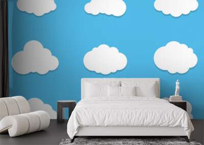 Set of Cloud Icons with flat style in blue sky background. Copy space. Speech Bubble, White blank hanging.. Wall mural