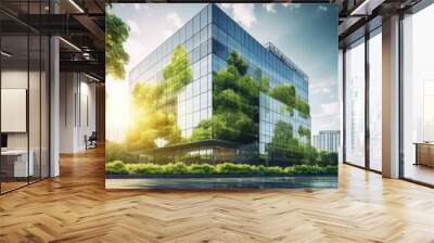 Ecology Concept : Eco-friendly building in the modern city. Sustainable glass office building with tree for reducing carbon dioxide Wall mural