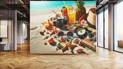 Summer Vacation Accessory On Beach Sand Wall mural