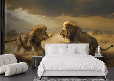 A photo of two male lions fighting in the African savanna Wall mural