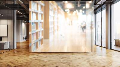 Abstract blurred public library interior space. blurry room with bookshelves by defocused effect. use for background or backdrop in business or education concepts Wall mural