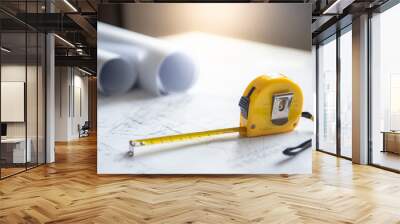 Architectural drawing plan of house project, blueprint rolls and yellow tape measure (measuring tape) on working table, Architecture and building construction industry concepts Wall mural