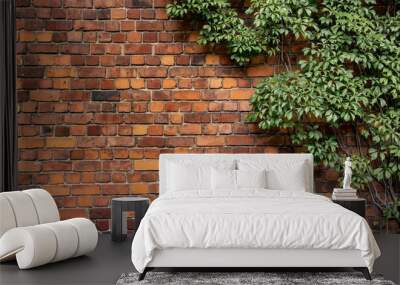 Climbing plant, green ivy or vine plant growing on antique brick wall of abandoned house. Retro style background Wall mural