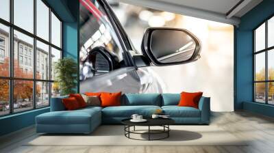 Close up of metallic wing mirror of modern car. Auto transport or automobile industry concepts Wall mural