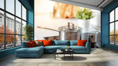 Stainless steel pot on electric stove with kitchen timer in modern kitchen. Cooking utensils concept Wall mural