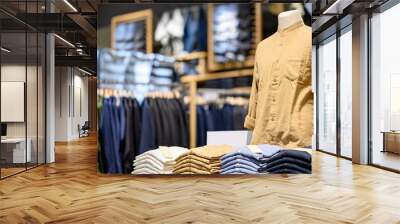 Trendy cotton Men shirt display on mannequin in clothes shop. Summer collection fashion product samples in clothing store for selling. Textile industry and business concept Wall mural