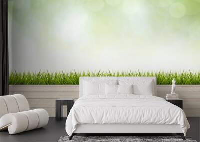 wood table top panel and grass on green background Wall mural