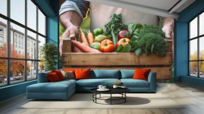 A man holding a box with fresh vegetables - Generative AI Wall mural