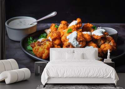 A plate of crispy cauliflower wings with a side of vegan ranch dressing - Generative AI Wall mural