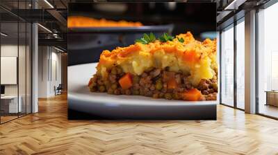 A vegan lentil shepherd's pie with mashed sweet potatoes on top - Generative AI Wall mural