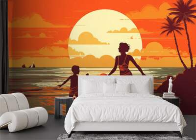 retro illustration of a mother and child playing ball on the beach Wall mural