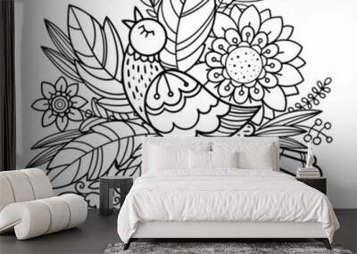 Beautiful singing bird, flowers and leaves. Doodle style.Black and white contour line drawing. For the design of antistress coloring books, prints, posters, tattoos and so on. Vector Wall mural