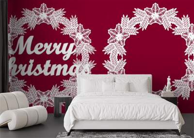 Christmas wreath of spruce branches and holly leaves. The inscription Merry Christmas. A set of two templates for laser cutting from any materials. For the design of stencils, holiday decor elements,  Wall mural