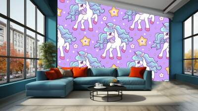 seamless pattern with unicorn and stars on a lilac background. For kids design wallpaper, fabric, backgrounds, wrapping paper and so on. Vector Wall mural