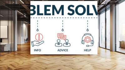 Banner of problem solving web vector illustration concept with icons of analysis, competence, advice, help, service, info, support
 Wall mural