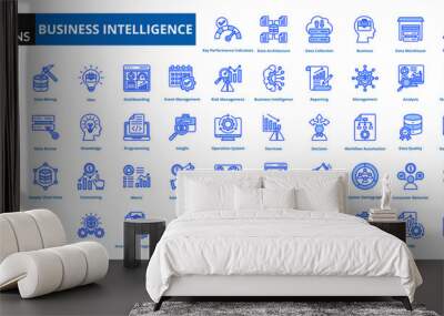 Business intelligence blue icon collection set. includes intelligence, analysis, management, reporting, measure, strategy
 Wall mural