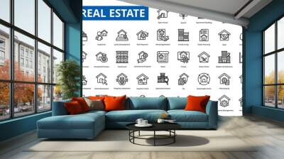 real estate icon set collection. house key, blueprint, for Sale Sign, home loan, city skyline, open house, search, apartment building, agent, moving box, survey Wall mural