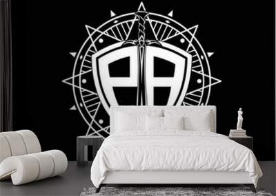 monogram initial letter PA with shield decorated with star ornament Wall mural