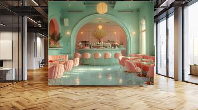 cozy caf?(C) with interior decor in soft fluffy hues of light pink and pastel green Wall mural