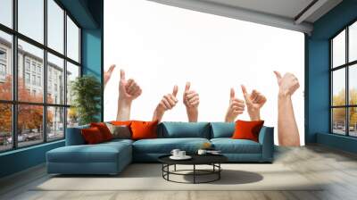 many hands showing thumb up signs on white background Wall mural