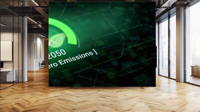 3D Digital dashboard of CO2 level gauge percentage drop down to 0. Net Zero Emissions by 2050 policy animation concept illustration, green renewable energy technology for clean future environment Wall mural