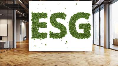 abstract 3D leaves forming ESG text symbol on white background, creative eco environment investment fund, 2021 future green energy innovation business trend Wall mural